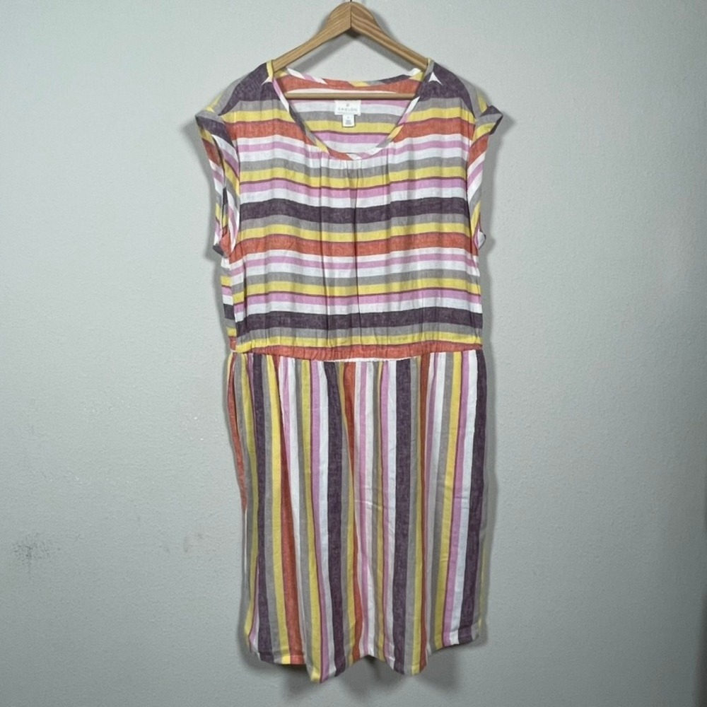 Caslon Striped Linen Blend Dress Women 1X Multi Color Short Sleeve Casual Midi